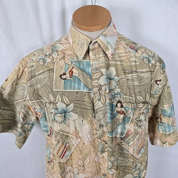 Campia Moda Shirt Men's M Tan Floral Surfs Up Hawaiian Button Down Short Sleeve - Picture 2 of 16